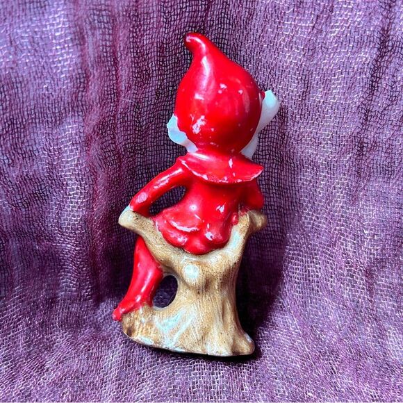 Vintage Mid Century Christmas Elf Pixie Perched on Wood Stump - Picture 3 of 4